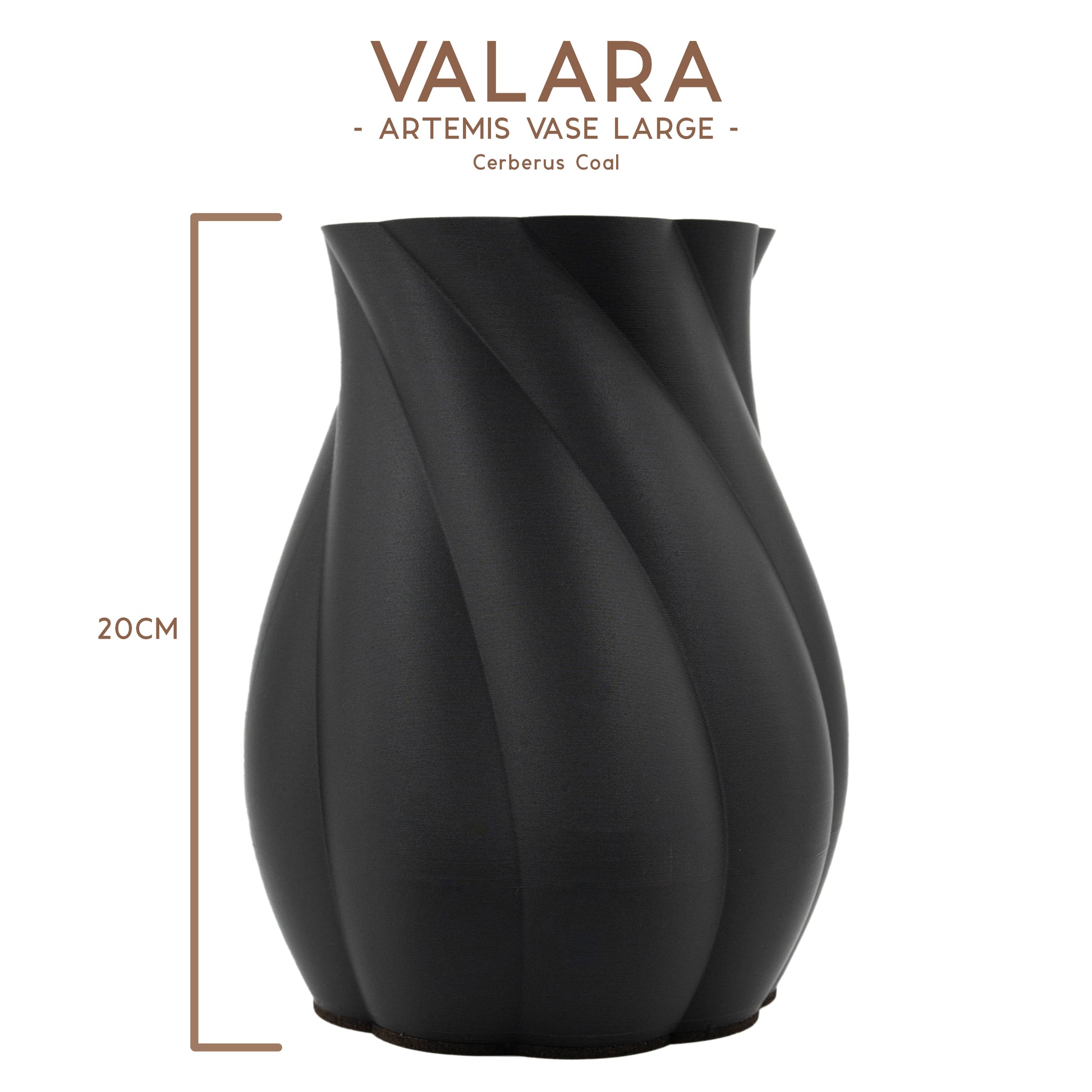 Valara Design Artemis Vase Large in cerberus coal black studio shot measurement 20cm